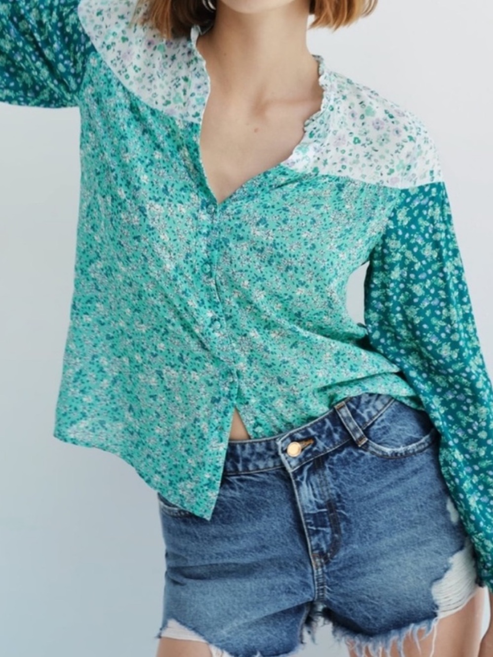 Zara Mint Green Teal Floral Button-Down Top Blouse
